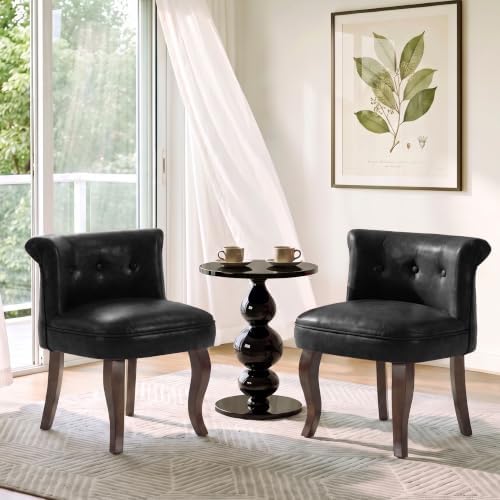 WUTUTUEE Leather Vanity Chair with Back, Tufted Upholstered Vanity Stool with Solid Wood Legs, Mid Century Small Makeup Chair for Vanity, Accent Chair for Bedroom, Living Room, Black