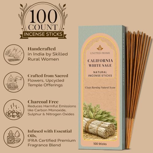 California White Sage Incense Sticks for Cleansing, 100 Sticks, Organic Insence Non Toxic, No Charcoal Clean Burning, Handmade from Upcycled Flowers, Positive Vibes Inscent Calming Aroma