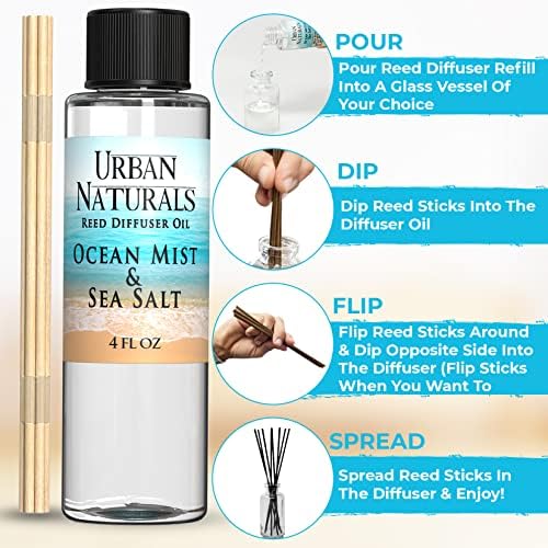 Urban Naturals Ocean Mist & Sea Salt Scented Oil Reed Diffuser Refill | Includes a Free Set of Reed Sticks! 4 oz.