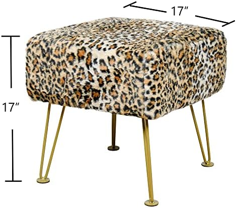 Leopard Print Square Ottoman 17"x17"x17" Faux Fur Entryway Bench Footrest Stool Accent Seating Cheetah Furry Ottoman Bedroom Vanity End of Bed for Bathroom Living Room Decor
