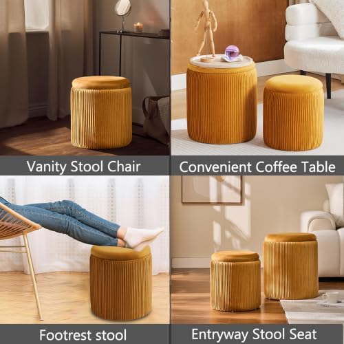 BLEXA Set of 2 Round Storage Ottoman, Yellow Velvet Stool with Storage