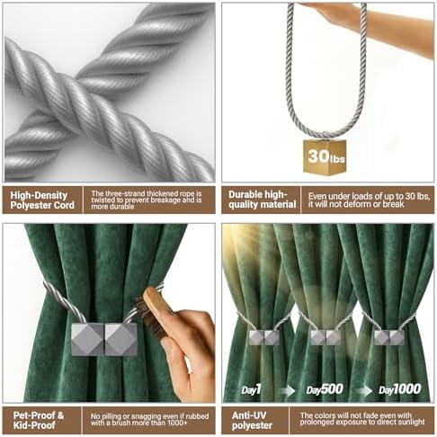 Hion Magnetic Curtain Tiebacks Grey 2pcs, Curtain Tiebacks Buckles Holdbacks Holders Hooks Clip for Home Bedroom Office Decorative Curtain