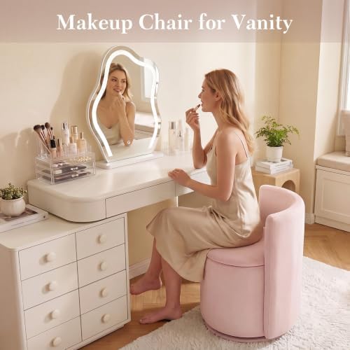 FOXHUNTER Vanity Stool with Storage, 360° Swivel Accent Chair, Velvet Pink