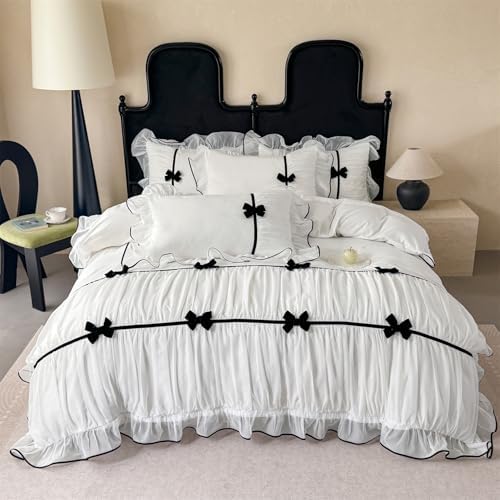 Ruffle Beddding Set with Bowtie,Girls Lace Bedding,White Queen Comforter Cover Set, Chic Ruffled Duvet Cover with Lovely Bow,Princess Style 1 Duvet Cover with 2 Pillowcases, No Comforter