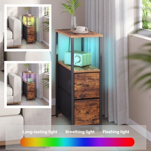 TUTOTAK Narrow LED End Table with Charging Station, Skinny Side Table
