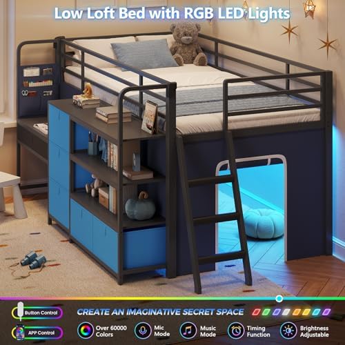 Low Twin Loft Bed with Desk,6 Storage Drawers,Led Lights & Kids Secret Base