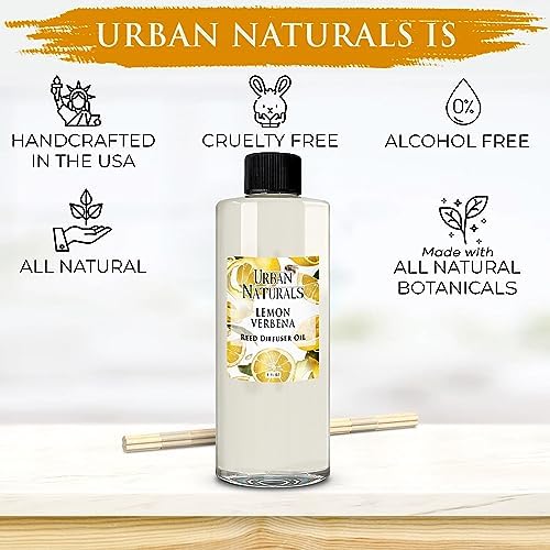 Urban Naturals Reed Diffuser Oil Refill Lemon Verbena with Lemon Zest, Bergamot, Vetiver, Cedarwood 8 oz + Free Reed Sticks, Made in the USA