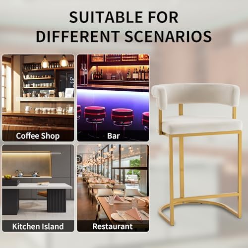 Set of 2 Beige Modern Velvet Bar Stools with Barrel Backrest, Upholstered Seat, and Gold Metal Footrest – 25.6-Inch Seat Height, Ideal for Counters, Home Bars, and Kitchen Islands