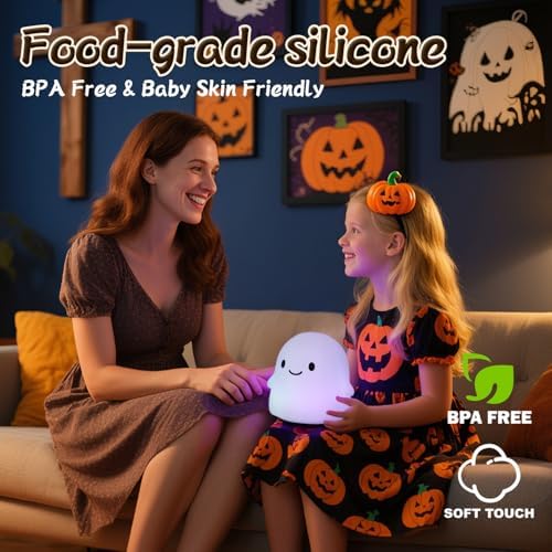 Color Changing Ghost Night Light for Kids, Cute Squishy Silicone Ghost Lamp, 50-Hour Rechargeable Bedside Lamp with Tap Control, Room Decor, Halloween Gifts