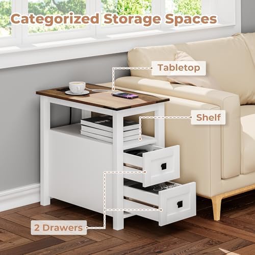 VVFLU Farmhouse End Table with Charging Station and 2 Storage Drawers, White Wood Nightstand Narrow, Skinny Side Table Rustic, Slim Bedside Table, Open Shelf, Small for Bedroom, Living Room, Sofa