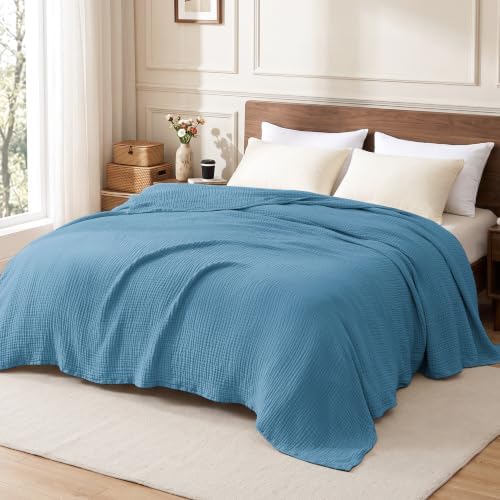Love's cabin 100% Cotton Muslin Blanket King Size for Bed, Misty Blue