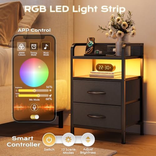 Huuger Nightstands Set of 2, Night Stand with LED Lights, Charging Station