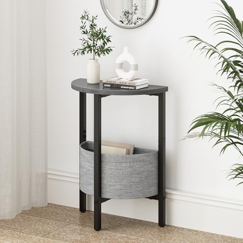 Vagusicc Small Round Side Table End Table, Tall Accent Table with Storage Basket, Set of 2 Half Round Table Half Moon Tables, Coffee Bedside Table Modern Nightstand for Living Room Bedroom Gray Walnut
