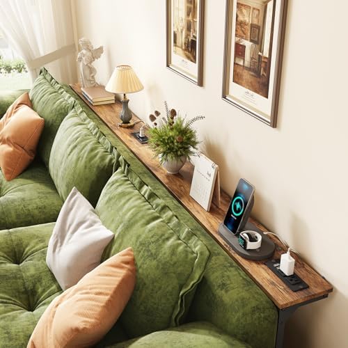 Kitstorack 70.8" Extra-Long Behind Couch Table, Height Adjustable Narrow Console Table with 2 Power Strips, Anti-Tip Wall Screws, Rustic Brown Finish, Split Design for Flexible Use
