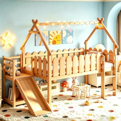 Bellemave Low Loft Bed Twin with Slide and Lights Strip for Kids, Natural