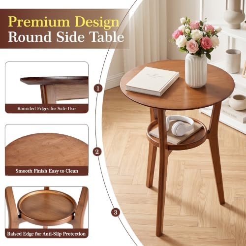 Bamboo Round Side Table, 2-Tier Mid Century Modern Sofa End Table