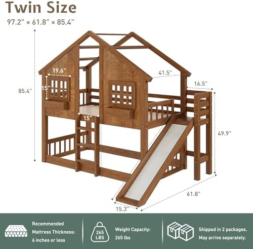 Jocisland Twin Over Twin Bunk Bed with Slide and Ladder, Solid Wood, Oak