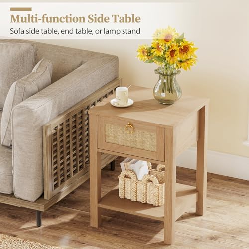 Eclatara Rattan Nightstand Set of 2: Sturdy Night Stand with Rattan Decor Drawer, Farmhouse Nightstand Bedside Table Boho End Tables Side Tables for Bedroom (Natural Oak,2 Pieces)