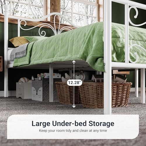 Allewie Metal Twin XL Platform Bed Frame, Butterfly Pattern Design, White