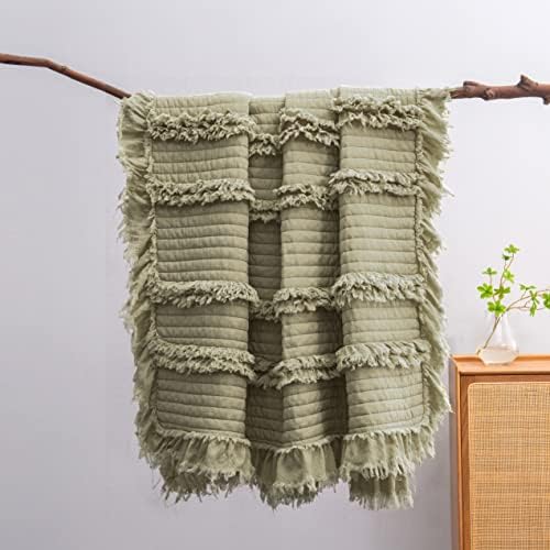 Ultra Soft Pre-Washed Quilted Throw Blanket, Ruffle Fringed Army Green Decorative Throw, Stone Washed Chic Rustic Blanket for Sofa Couch Bed, 50"x 60"