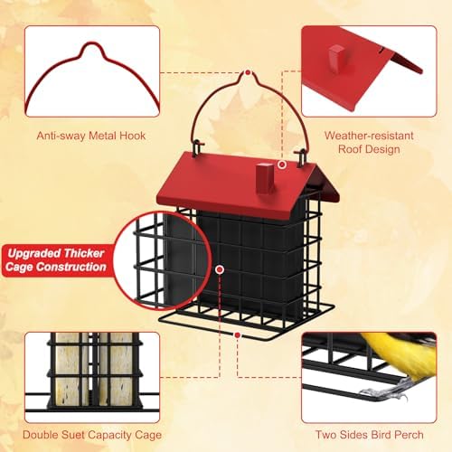 Gbekery All-Metal Double Suet Bird Feeder for Outdoors Hanging, Red Roof