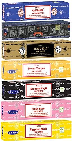 Satya Incense Sticks Gift Set, 7 Scents, Nag Champa, Super Hit, Dragon's Blood, Sandalwood, Patchouli, Lavender, Positive Vibes, 15g Each (Healing Mix)