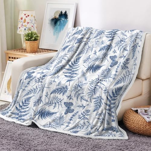 Floral Throw Blanket, Blue White Throws with Wildflowers Botanical Floral Printed for All Seasons, Vintage Butterfly Fluffy Fuzzy Blanket for Bedding Sofa and Travel Couch Chair Sofa Home Decor,50x60