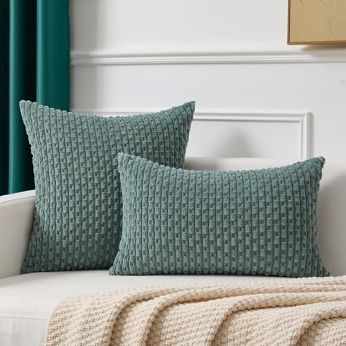 Kevin Textile Soft Corduroy 22x22 Inch Pillow Covers 2 Pack, Teal Green