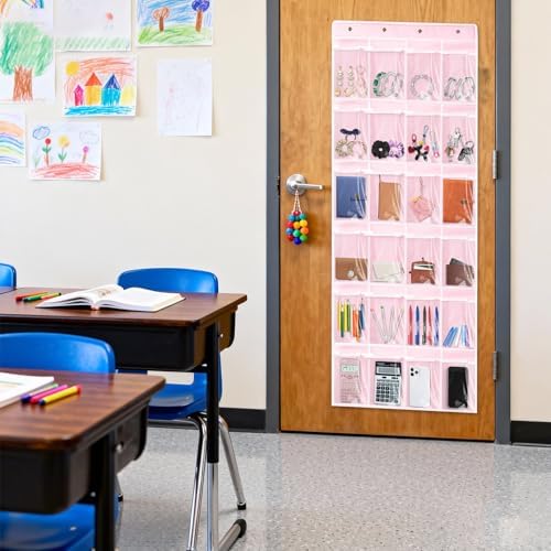 VZZNN 2 Pack Classroom Headphone Storage Organizer, Over The Door Hanging Pocket Chart with 24 Clear PVC Pockets & Metal Hooks, Headphone Holder Bag for School, Office, Dorm, Home Organization