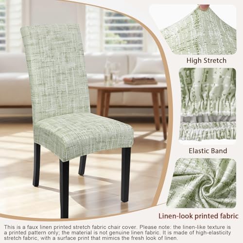 SearchI Dining Room Chair Covers Set of 6, Stretch Printed Parsons Chair Slipcovers Removable Washable Kitchen Chair Protector Cover for Dining Room, Hotel, Ceremony (Green Linen-Look Print)