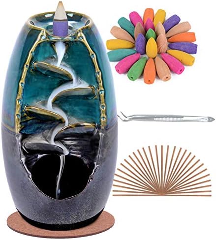 SPACEKEEPER Ceramic Backflow Incense Holder Waterfall Incense Burner, Blue