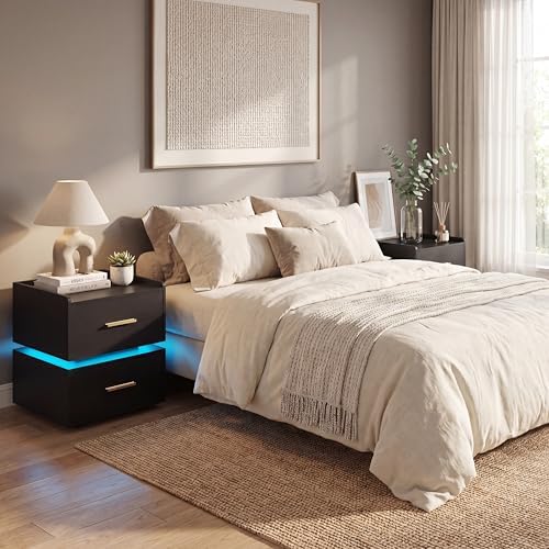 GIANTEX LED Night Stand Set 2 with Charging Station, Semi-Floating Bedside Table w/2 Storage Drawers, USB & Type-C Ports, Modern Couch End Sofa Side Table for Bedroom Small Spaces (Black)
