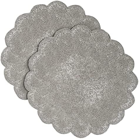 Lightnpro Handmade Beaded Placemats Set of 2 – 13 Inch Round Silver Scalloped Charger Mats | Handcrafted Artisan Table Accessories, Elegant Decorative Dining Table Décor for Weddings & Holidays