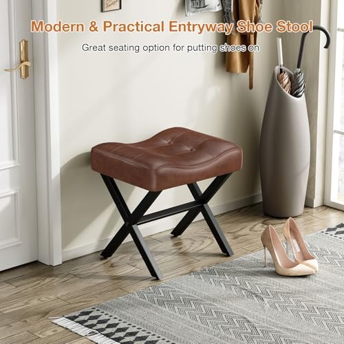 Memobarco 18-Inch Large Leather Vanity Stool Chair, Dark Brown Makeup Stool