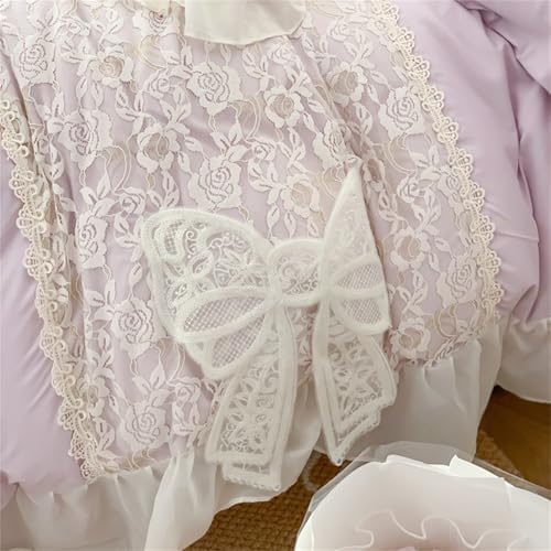 MOOWOO Lovely Bow Chic Duvet Cover Set- Ruffle Lace Polyester Comforter Cover -Girl French Princess Style Bedding-2 Piece Twin Duvet Cover with Zipper Closure-No Comforter-Purple,Twin Size