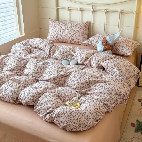 mixinni Light Brown Leopard Print Duvet Cover Set Twin Size, 3PCs Cute Animal Cheetah Bedding, 100% Cotton Double Gauze Soft Aesthetic Retro Pink Black Bedding Set with 2 Pillowcases for Girls Women