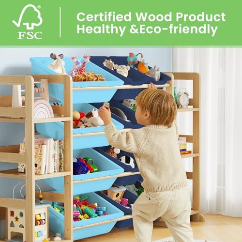 EXPERLAM Extra Large Toy Storage - Toy Storage Organizer, Wooden Toy Organizer with 6 Side Shelves and 12 Bins, 3-in-1 Bookshelf for Kids Rooms, Playroom, Nursery, Blue
