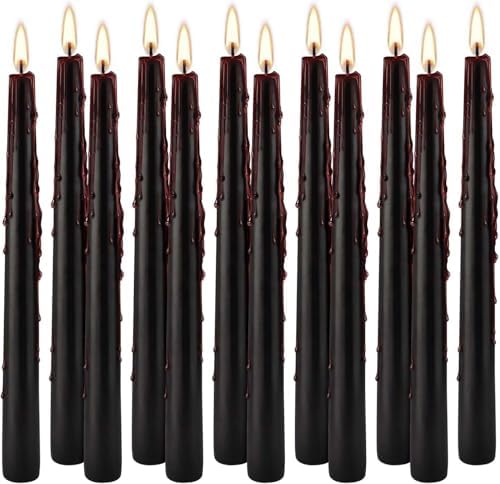 YOROXRG 12PCS 10-Inch Black Bleeding Taper Candles,Vampire Tears Taper Candles- Unscented Ideal for Halloween, Christmas, Rituals, and Themed Party Decor