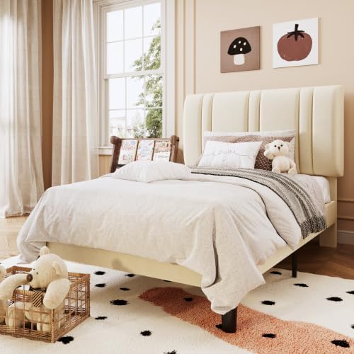 SHA CERLIN Twin Size Velvet Bed Frame with Adjustable Headboard, Cream