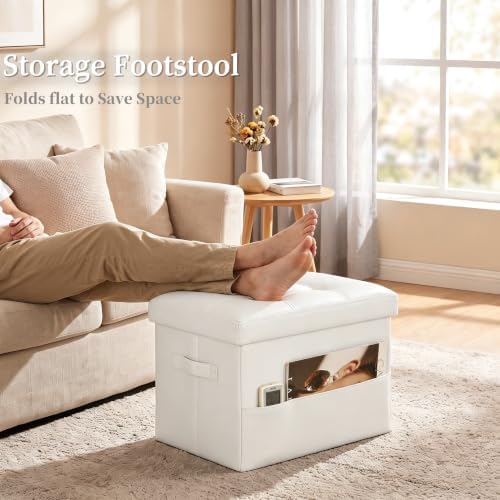 Ottoman with Storage. Folding Foot Stool with Thick Foam Padded Seat, White