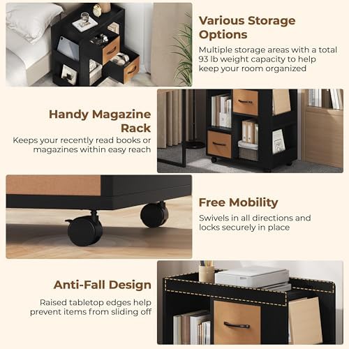 Yaheetech Narrow End Table Storage Drawer Rolling Shelves, Black