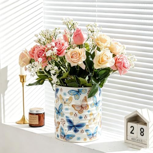 Kitchen Utensil Holder,7.2-inch Extra Large Sturdy Ceramic Floral Butterfly Pattern Utensil Crock,Cooking Utensil Organizer for Kitchen Counter Decor,Storage Caddy Farmhouse Gift Butterflies
