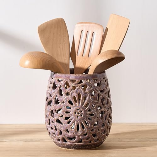 Farmhouse Kitchen Utensil Holder for Kitchen Counter, Ceramic Large Cooking Utensil Crock with Cork Mat, Countertop Cooking Tool Spatula Organizer, Purple Antique Design