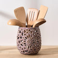 Farmhouse Kitchen Utensil Holder for Kitchen Counter, Ceramic Large Cooking Utensil Crock with Cork Mat, Countertop Cooking Tool Spatula Organizer, Purple Antique Design