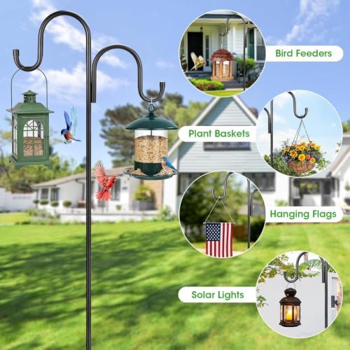 95 Inch Double Shepherds Hooks for Outdoor, Heavy Duty Bird Feeder Pole with 5 Prongs Base for Hanging Lantern, Hummingbird Feeder, Lightweight Plant, Shepherds Hook for Bird Feeders for Outside