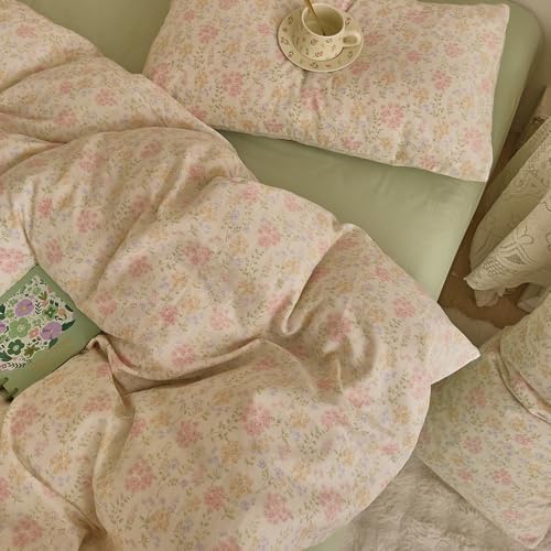 Pink Floral Duvet Cover Set Muslin Cotton Queen(90"x90"),Pink/Yellow