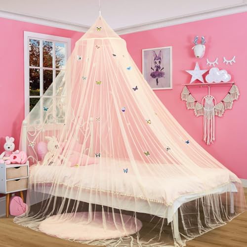 South to East Beige Bed Canopy for Girls with Glowing Butterfly, Girl Gift