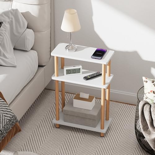 Apicizon Small Narrow Side Table, 3-Tier End Table, White Natural