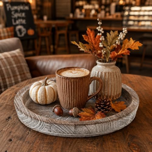 Hanobe Decorative Coffee Table Tray, Round Wood Candle Holder Plate