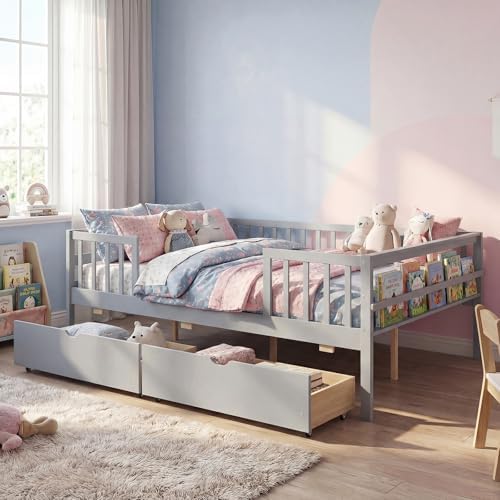 KOMFOTT Full Bed Frame with Rails, Wood Daybed with Side Shelf & 2 Storage Drawers, Platform Bed with Guardrail & Wooden Slat Support for Kids Teens, No Box Spring Needed (Full,Grey)